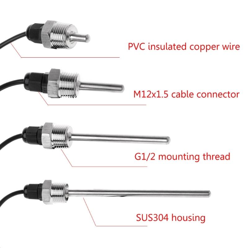 DS18B20 Digital Temperature Sensor G1/2\" Thread Probe DIA=7mm 3-core Wire SUS304 Drop Ship