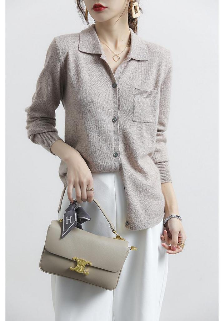 Women's 2023 Light Luxury Loose Knit Wool Polo Cardigan with Lapel Collar