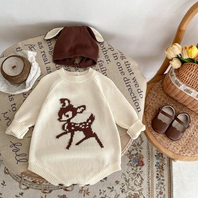 Høst Baby Girl Sika Deer Langermet Strikket Sweetheart Jumpsuit Triangle Creeper Baby Girls