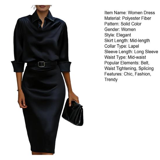 Women's Satin Midi Shirt Dress Long Sleeve Lapel V Neck Bodycon Office Work Dress Sheath Business Dress with Belt