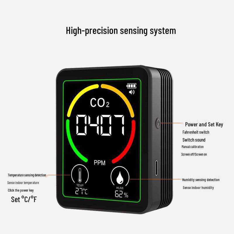 3-in-1 CO2, Temperature, and Humidity Detector with 2.8" LCD and LPG Infrared Sensor.