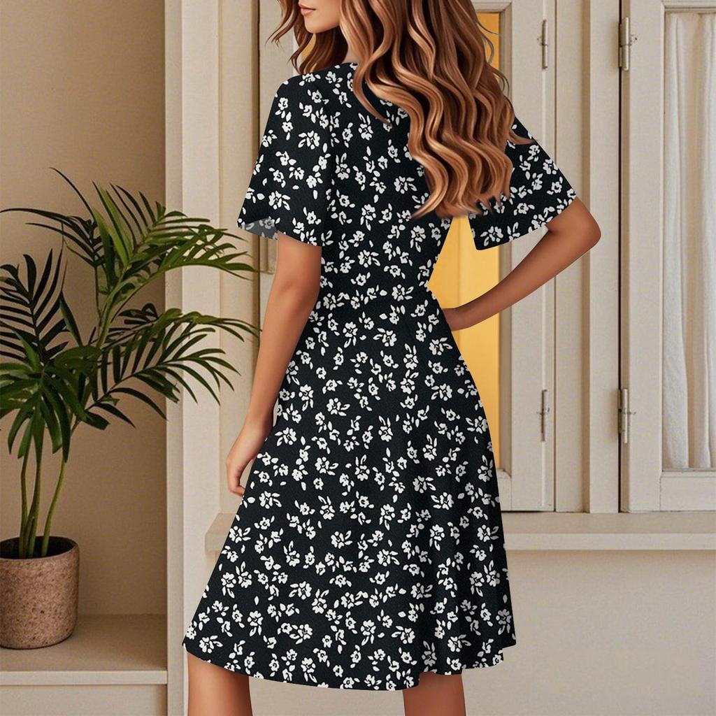 Damen Sommer Mode Blumenmuster Kleid Lässig Strand A-Linie V-Ausschnitt Lockeres Sommerkleid