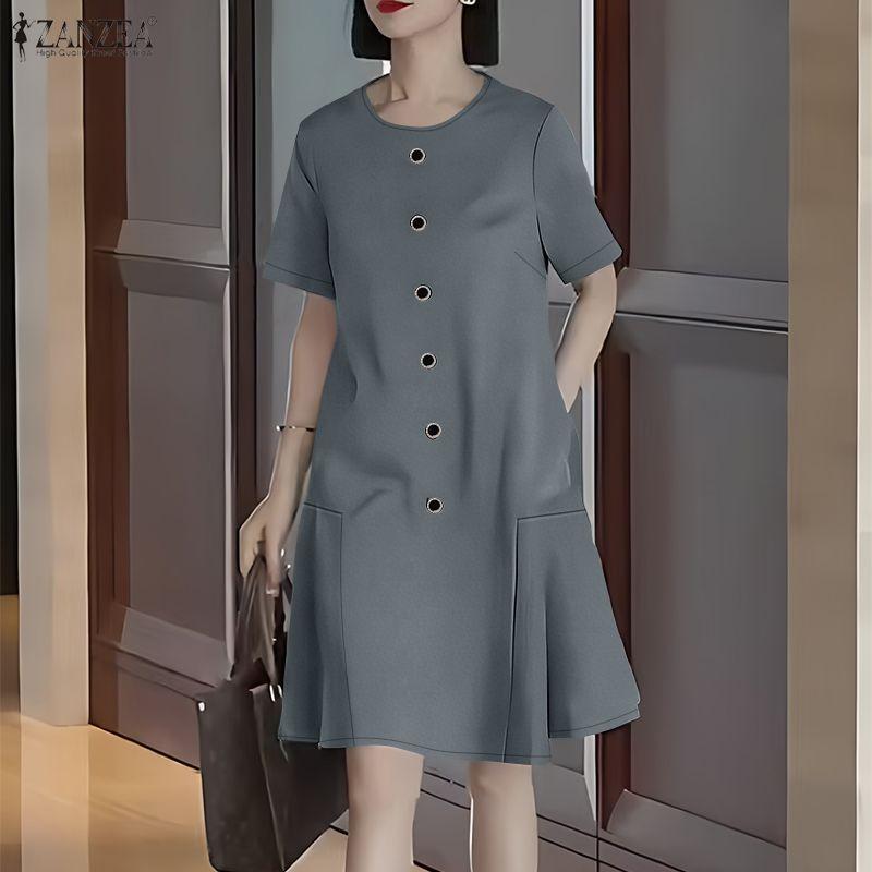 ZANZEA Vestido Casual de Verano para Mujer de Manga Corta y Color Sólido con Cuello Redondo