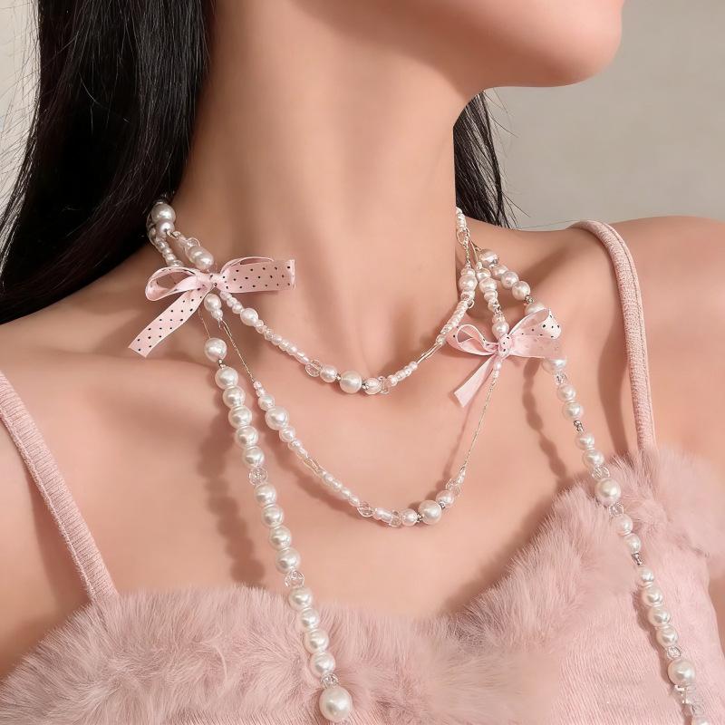 Elegant Multi Layered Pearl Ribbon Bow Layered Tassel Necklace Niche Sweet Drape Neck Chain Trendy Necklace Jewelry Accessories