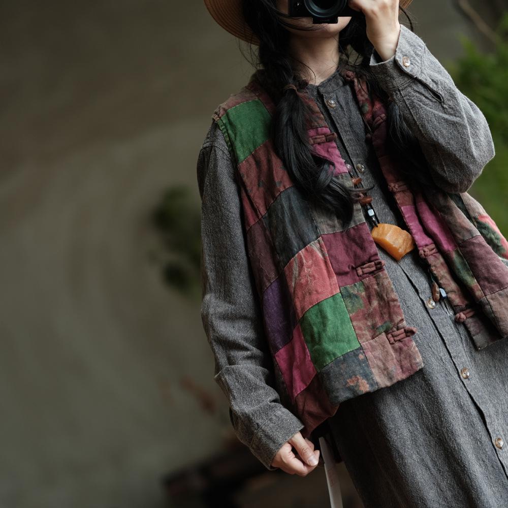 

Johnature Женщины Винтаж Лоскутное Цветные Жилеты Пальто Стойка Пуговиц Китайский Стиль Осенние Жилеты Пальто One Size разноцветный