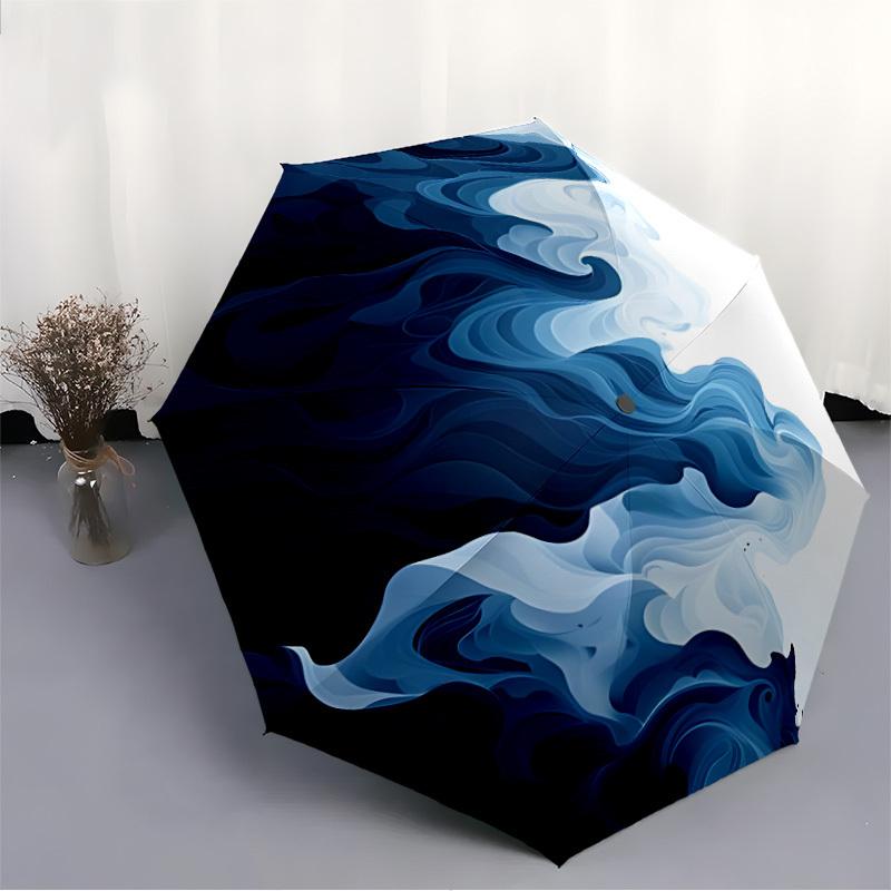 1pc Ocean Waves Automatic Open/close Folding Compact Umbrella, 8 Rib Sturdy Canopy, Lightweight Portable, Everyday Use, Gift,,109