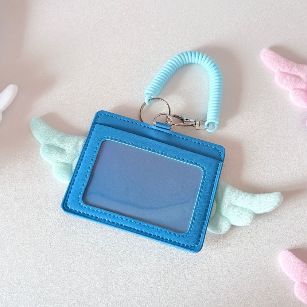 PU Leather Kpop Photocard Holder 2 Card Slot Photo Display Credit ID Card Protective Case Angel Wings Keychain Card Bag