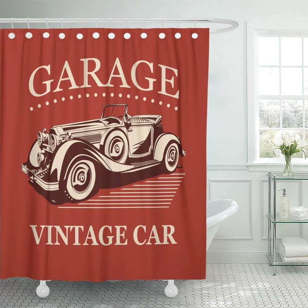Vintage Car Shower Curtain,Nostalgic Car Garage Service And Repair Store Phrase Dated Faded Waterproof Fabric Bathroom Curtain
