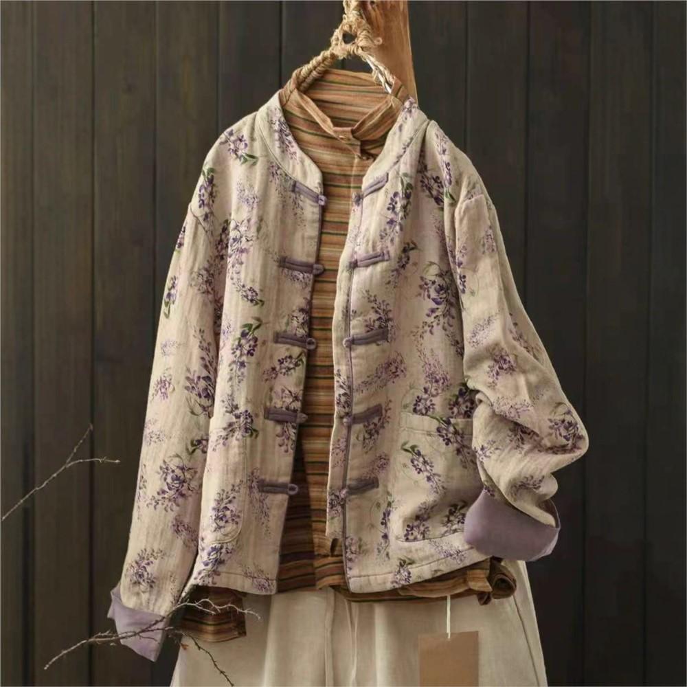 Johnature Women Vintage Print Floral Jackets Stand Long Sleeve Autumn Coats Loose Patchwork Pockets Chinese Style Jackets