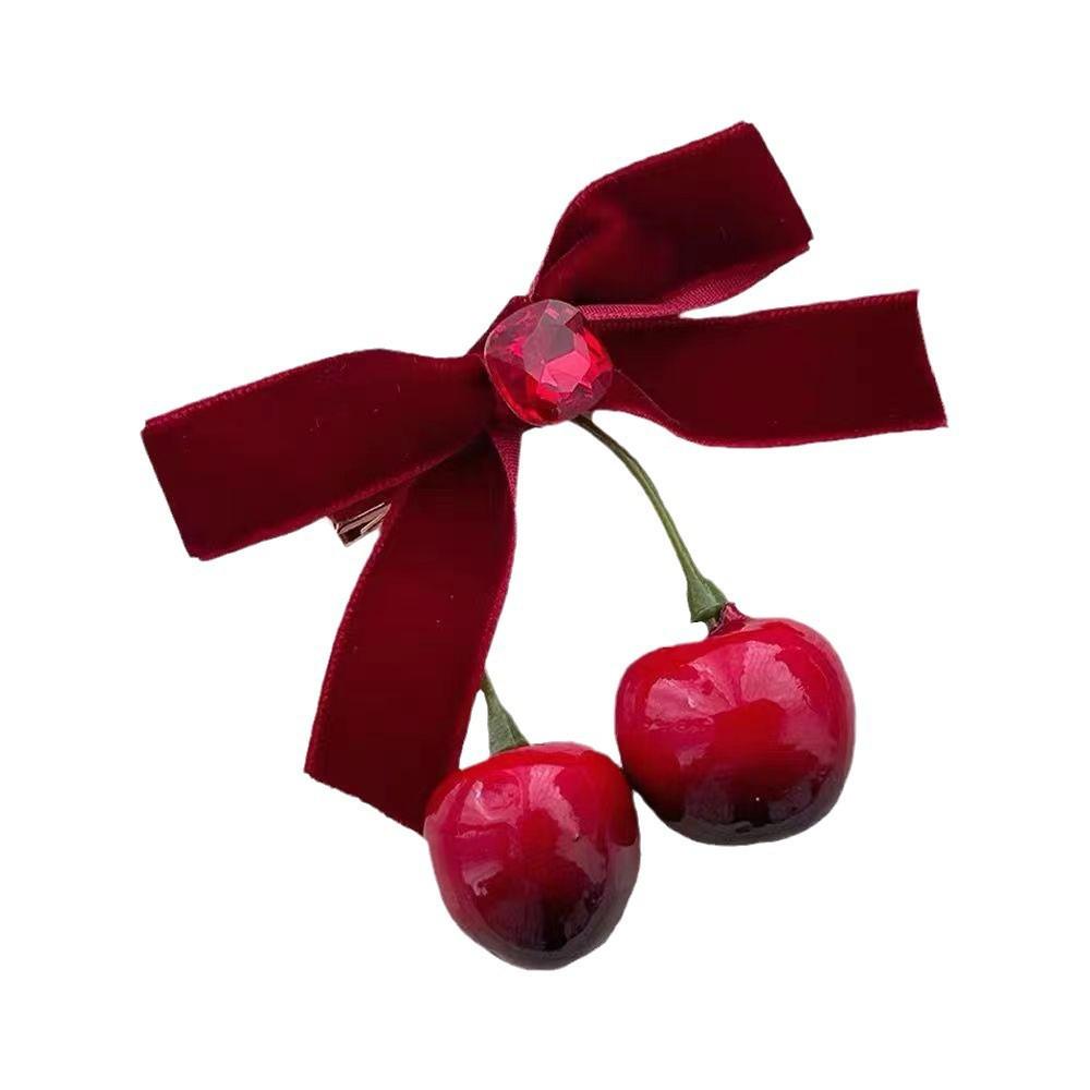 Women's Red Bow Cherry Hairpin Side Clip – Elegant Hair Accessory