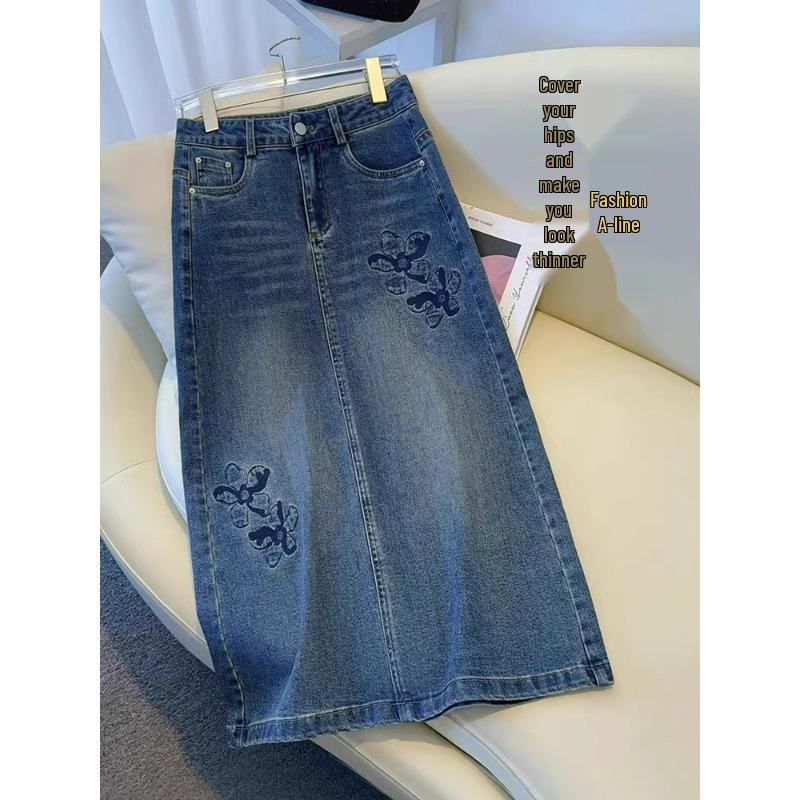 Damen Retro Denim Midirock mit Stickerei - Frühling & Herbst 2025 Kollektion, A-Linie, Hüftbetontes Design.