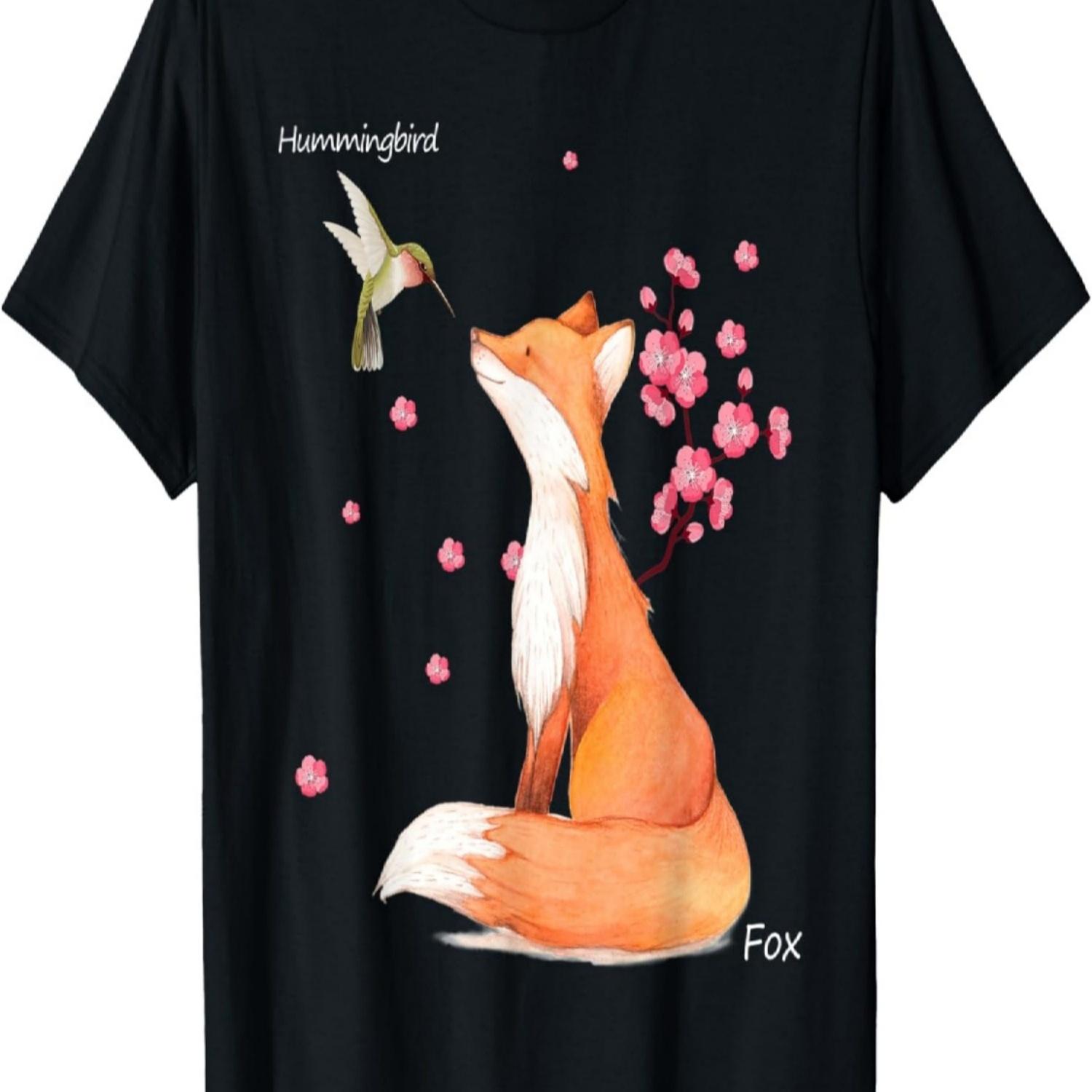 Fox And Hummingbird Sakura Cherry Blossom Flower Present T-Shirt S