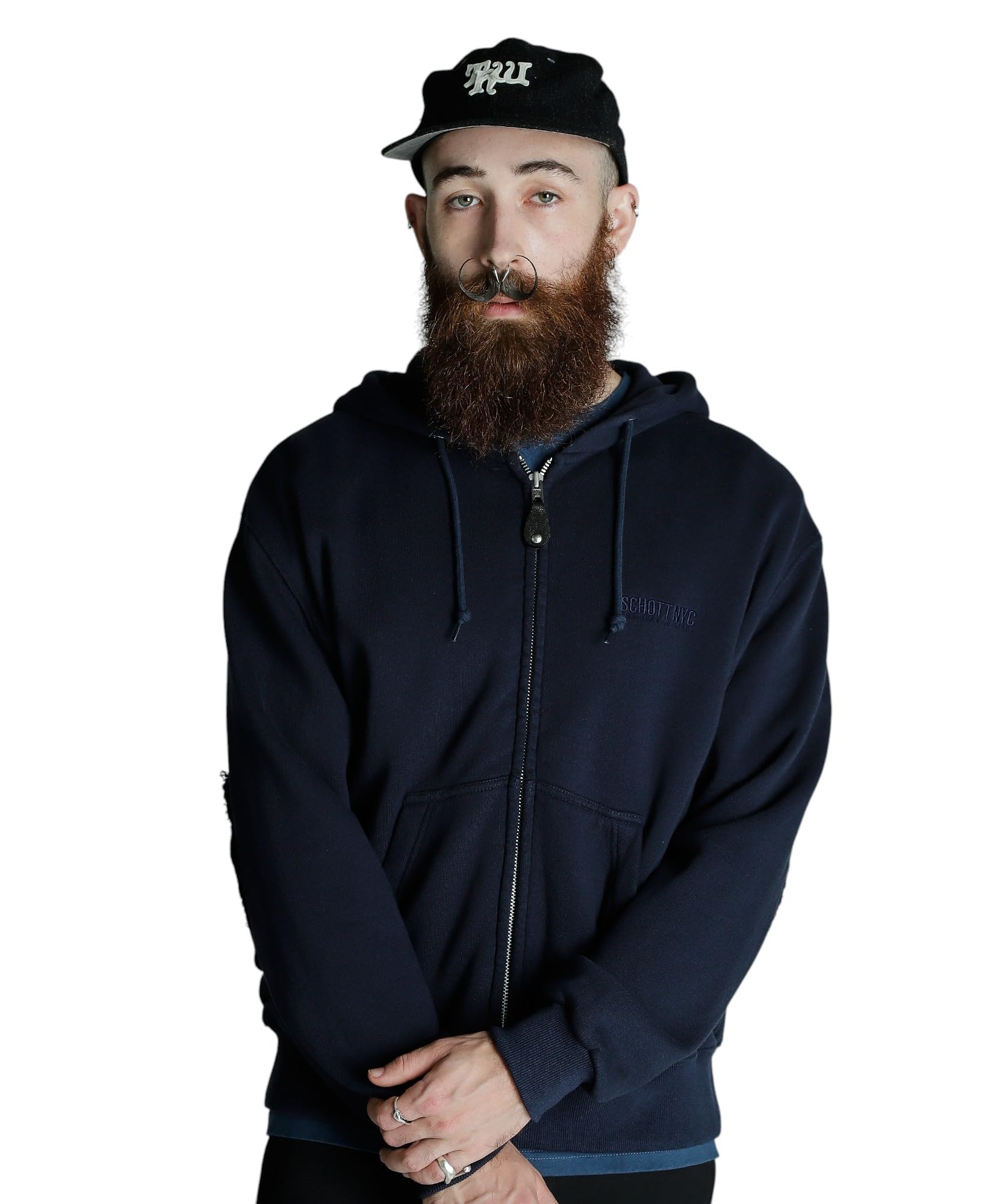 

Schott Leather Elbow Patch Zip Hooded Sweatshirt, Men s, XL (120), Navy, 782-5131003