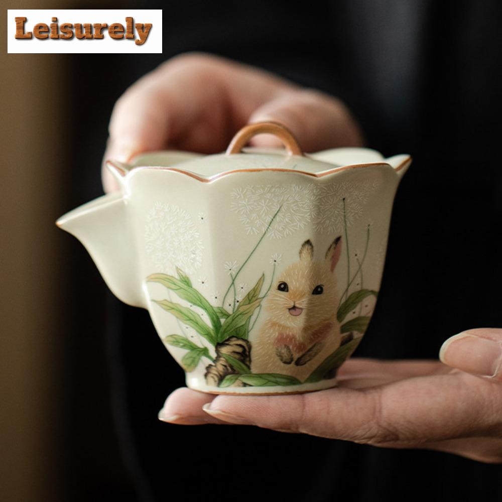 100ml Roztomilý Králíček Květinová Ústa Gaiwan Rýžově Žlutá Ru Kiln Ručně Uchopitelná Čajová Terina Čajový Výrobník Poklička Miska Čajový Set Kolekce Dárky