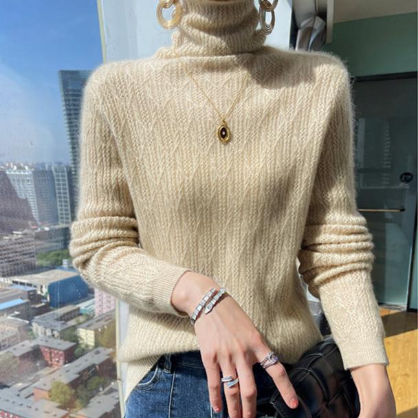 Ling Grid Patterned Pile Neck Sweater Women's Loose Base Sweater Autumn and Winter High Neck Sweater Inner Knit Sweater Solid Color Pullover Sweater