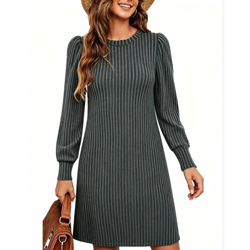 Womens Knit Midi Dress With Puff Sleeves Loose Fit Round Neck Casual A-Line Pocket