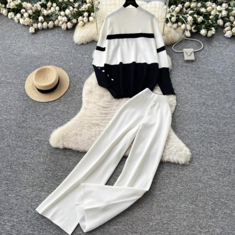 

Повседневный и модный вязаный осенне-зимний свободный топ с длинными рукавами и контрастной расцветкой, комплект брюк с высокой талией, стройнящих и с широкими штанинами для женщин one size белый