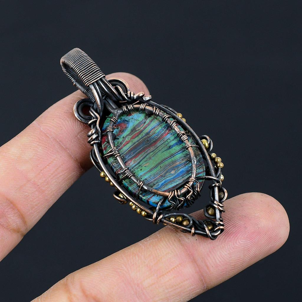 Tree Of Life Rainbow Calsilica  Gemstone Pure Copper Wire Wrapped Handmade Pendant Jewelry