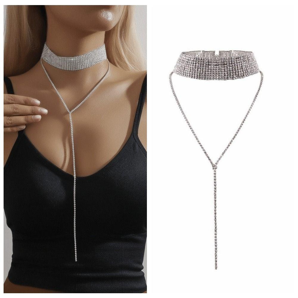 Y-shaped Rhinestone Necklace Gold Long Choker Sweet Multi-Layer Necklace  Wedding