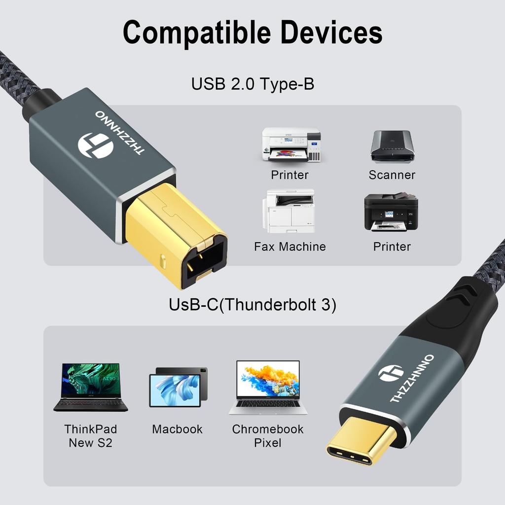 Thzzhnno USB B to USB C Printer Cable USB C to USB B for MacBook MIDI for Yamaha Casio Digital MIDI DJ Controllers 5M, Cable, Pro, Cable, Pianos,