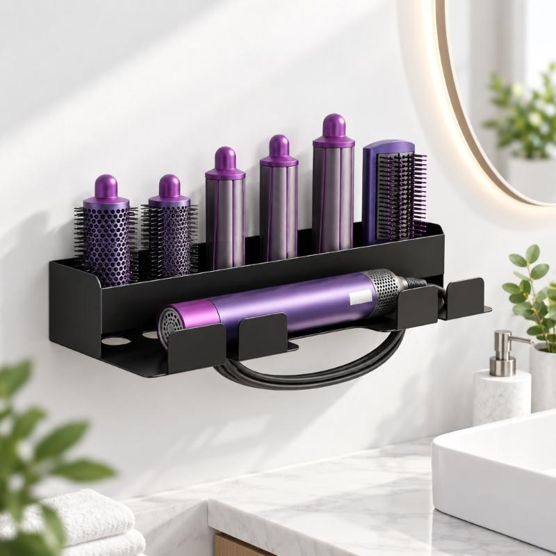 Adhesive-Mounted Hair Dryer and Curling Iron Holder with Open Wall Storage and Front Cord Retainers for Dressing Spaces