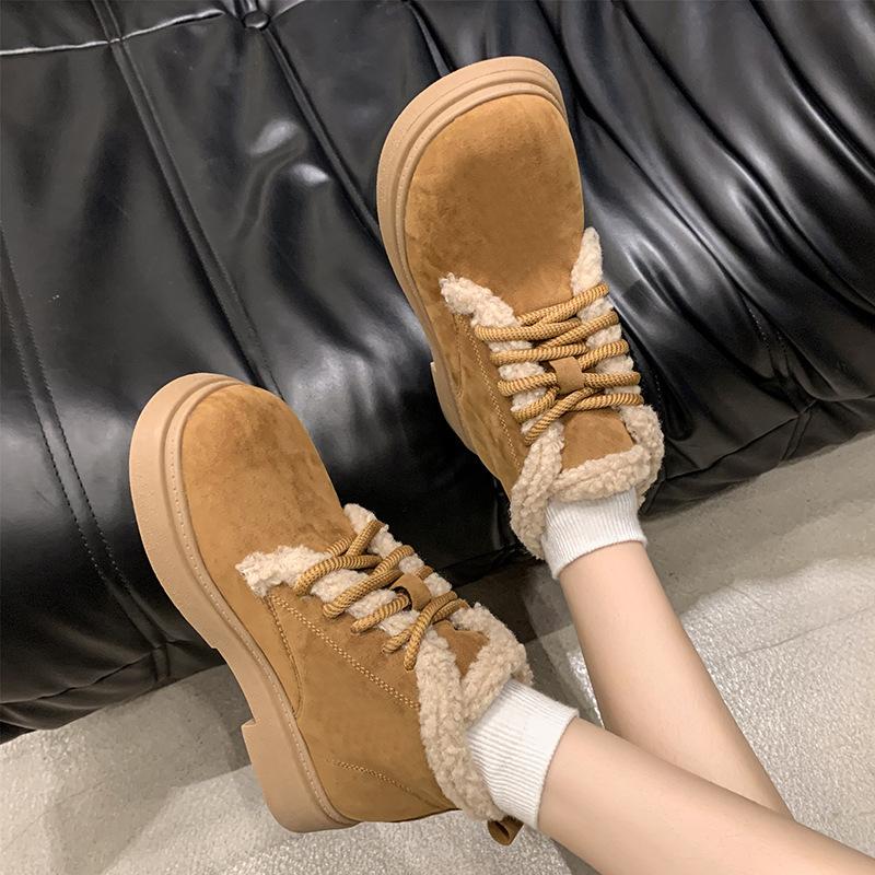 Winter new thick-soled outer wear velvet knight boots warm medium tube Martin boots lace-up fluffy snow boots women