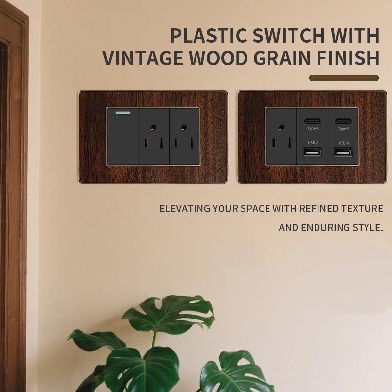 T&I Type 118 Black Retro Wood Grain Wall Plate, US Standard Electrical Outlet Cover with Switch