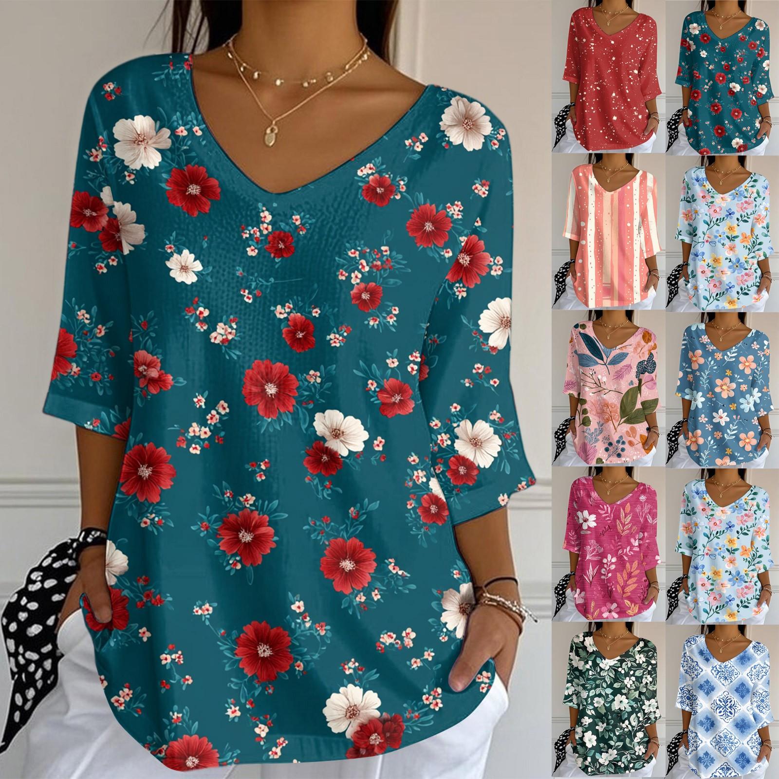 

Women s Casual And Fashionable V-Neck Floral Print Seven Quarter Sleeved Top Top XL винний