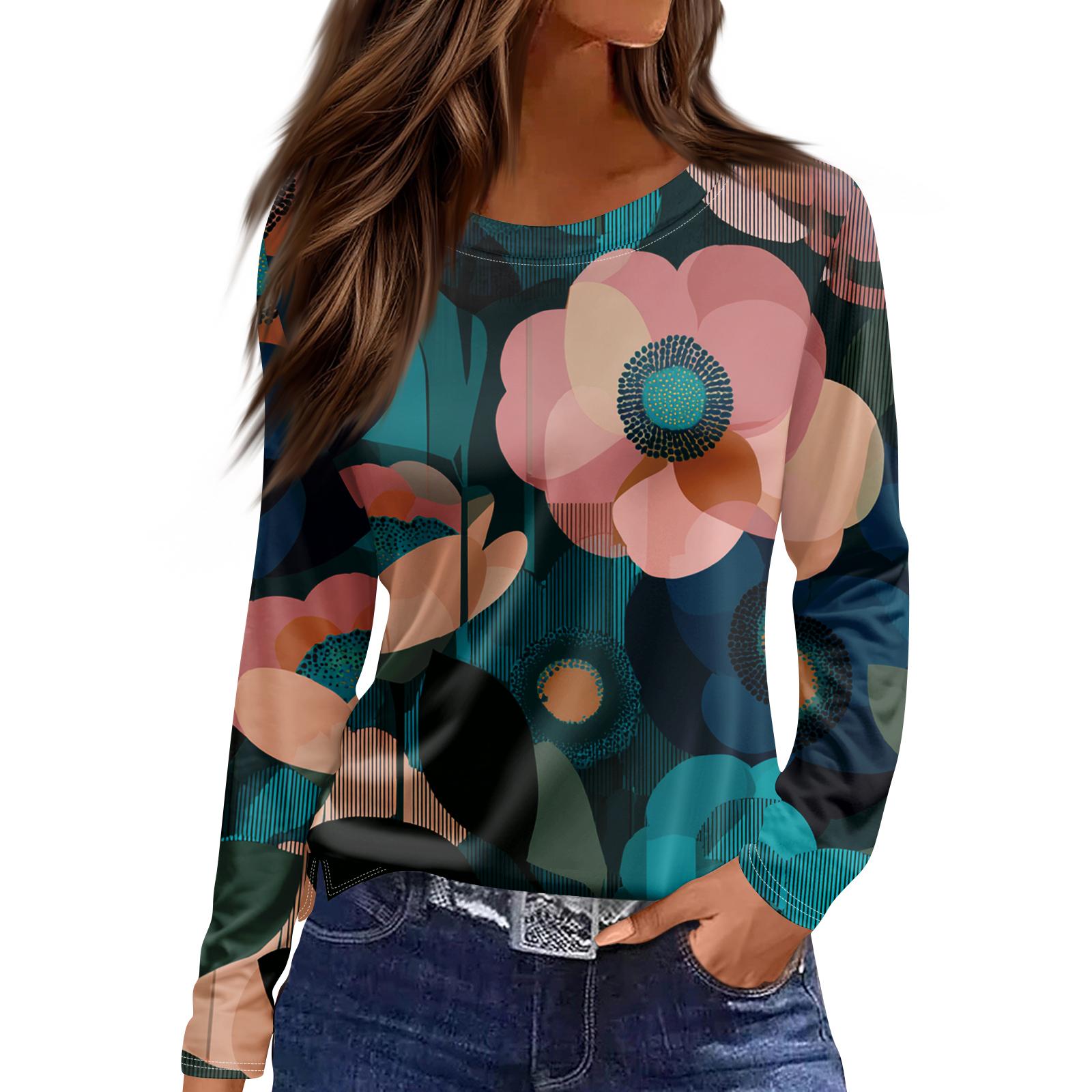 

Women s Fashion Hem Slit Casual Retro Floral Print Round Neck Long Sleeve Top XL рожевий