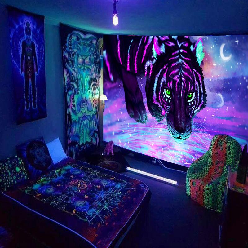 Black Light Tapestry Wall Hanging UV Reactive Psychedelic World Hippie  for Bedroom Dorm Indie Room Decor