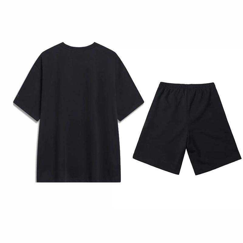 Li-Ning Loose Fit Solid Color Logo Round Neck Drop Shoulder Pullover Short Sleeve Mid Waist Elastic Shorts Casual Sports Set ATST641-1+AKST453-1