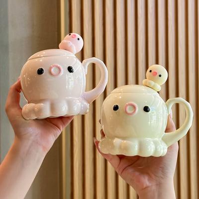 Niedliche kleine Oktopus-Tasse Mädchen hochwertiger Keramik-Wasserbecher mit Deckel Löffel Büro Kaffeetasse Geburtstagsgeschenk