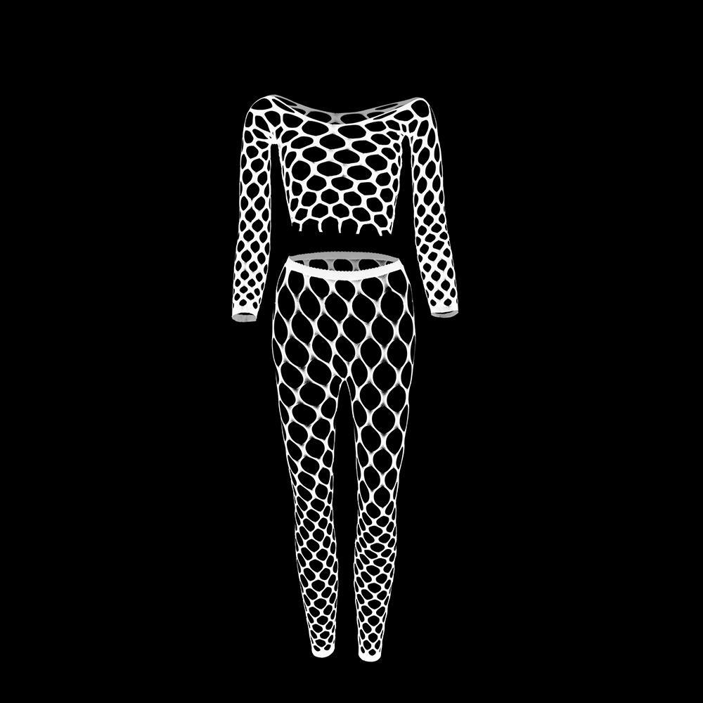 Σετ δύο τεμαχίων μακρυμάνικα μπλουζάκια και δικτυωτό παντελόνι Γυναικείο σέξι κοίλο ανοιχτό δίχτυ Εσώρουχα Plus Size Διάφανα εσώρουχα Σέξι