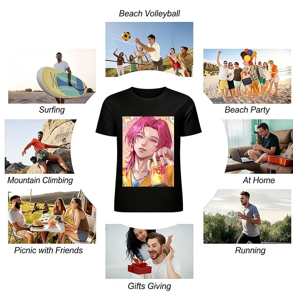 Trendy Pink Hair Anime Boy Print T-shirt Unisex Loose Casual Short Sleeve Top For Teens Pure cotton T-shirt