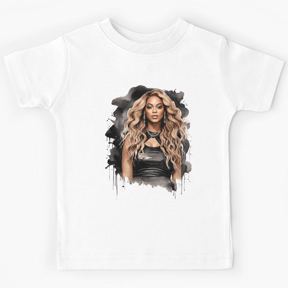 Beyoncé Watercolor Portrait – Glam Black Dress Artwork with Golden Waves Kids T-Shirt 120