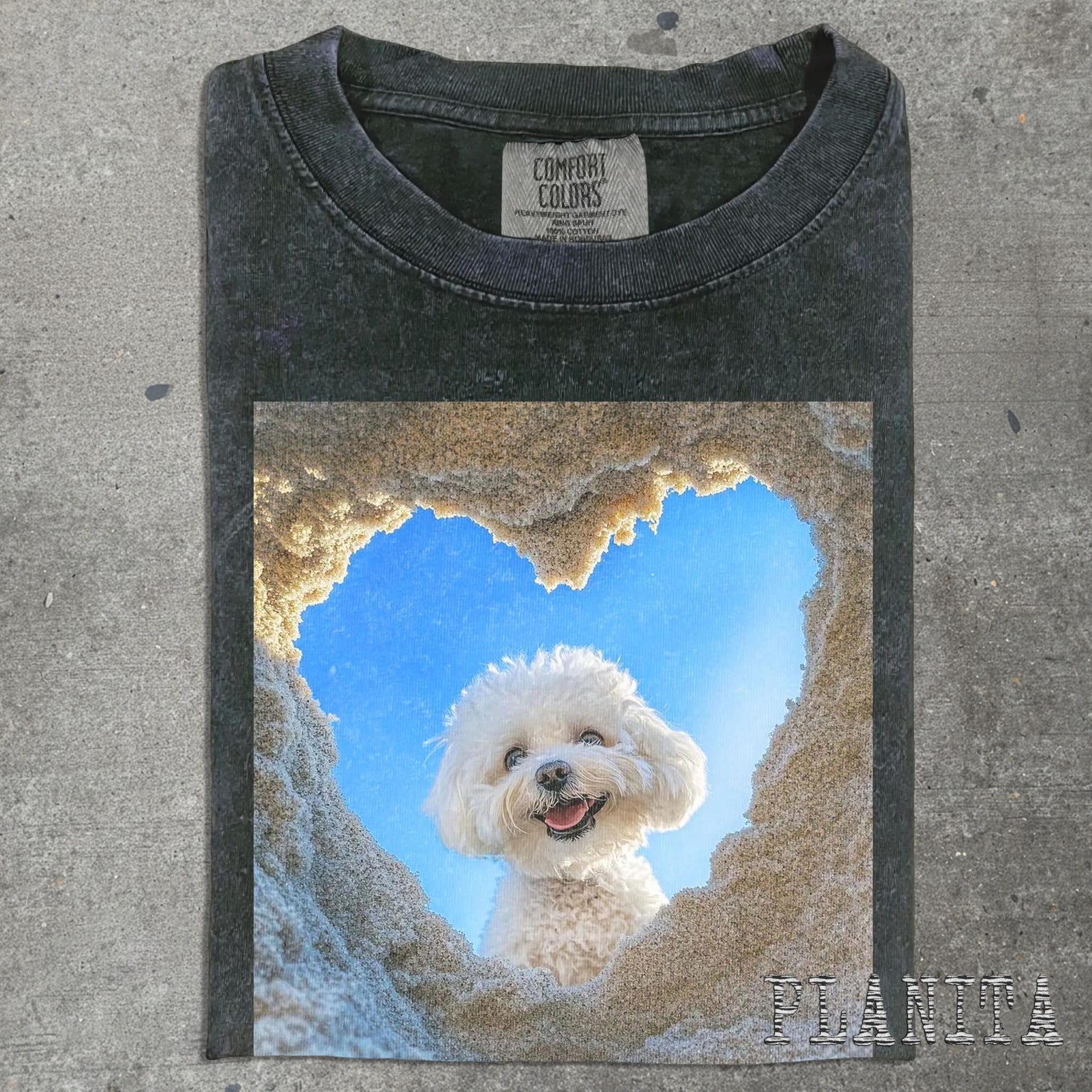Fluffy White Dog Peekaboo T-Shirt | Heart Rock Frame M