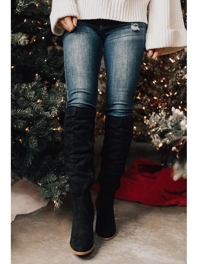 Women's Suede Thick Heel Chelsea Boots - Autumn/Winter, Long, Large Size, Pointed Toe, Side Zipper, Solid Color
