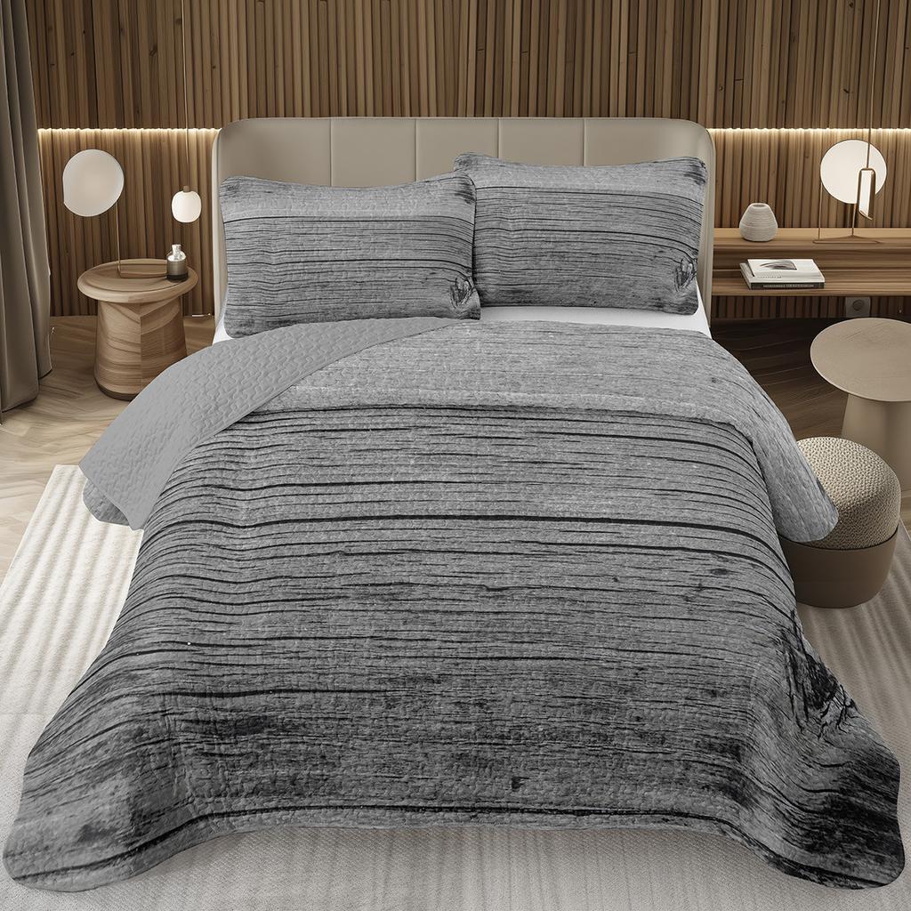Wood Barn Door Bedspread Queen/Twin Wood Grain Quilted Coverlet Retro Rustic Farmhouse Bedding Set Reversible Grey Quilt Set