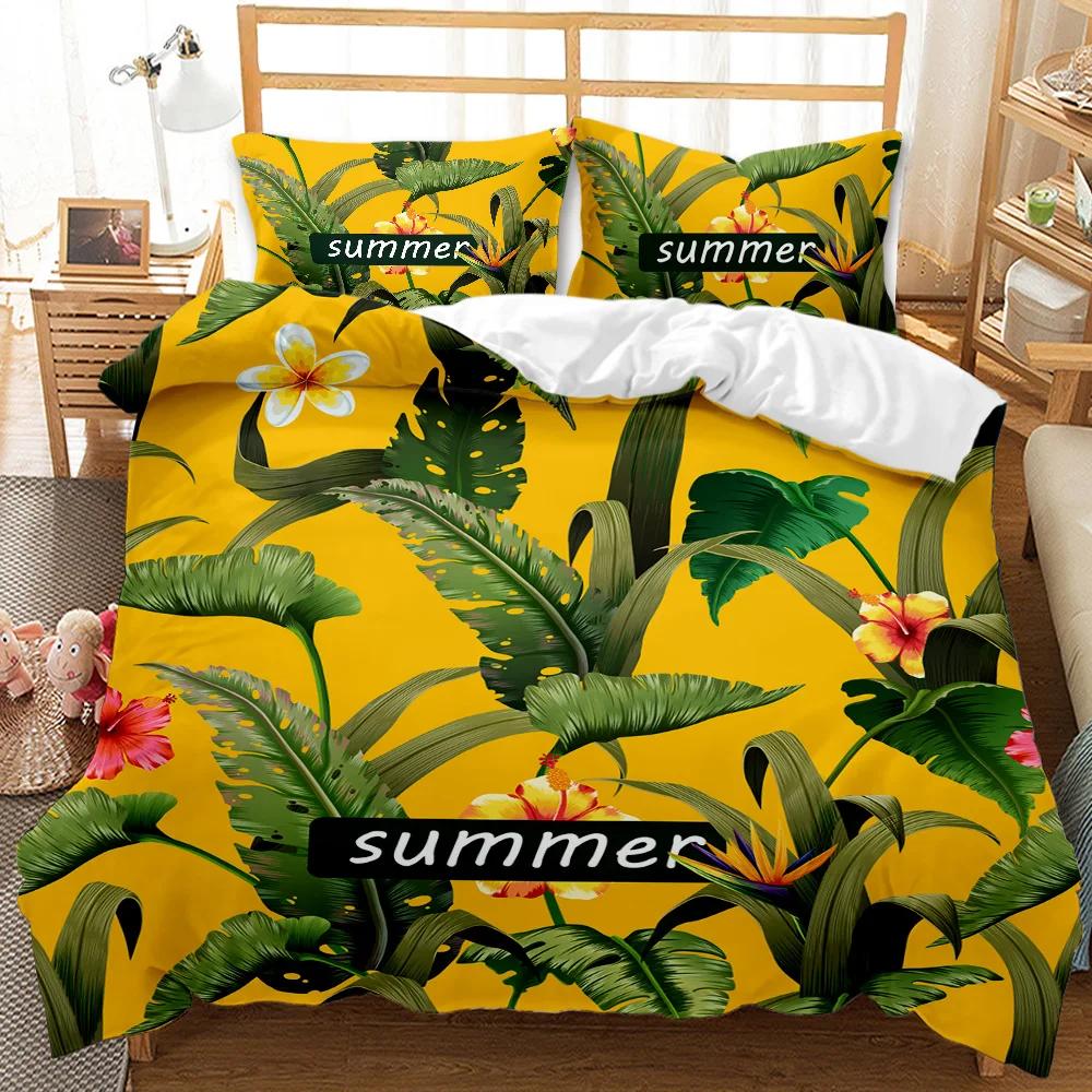 Tropical Rainforest Duvet Cover Set Yellow Dark Green Botanical Leaves Palm Tree Polyester Quilt Cover