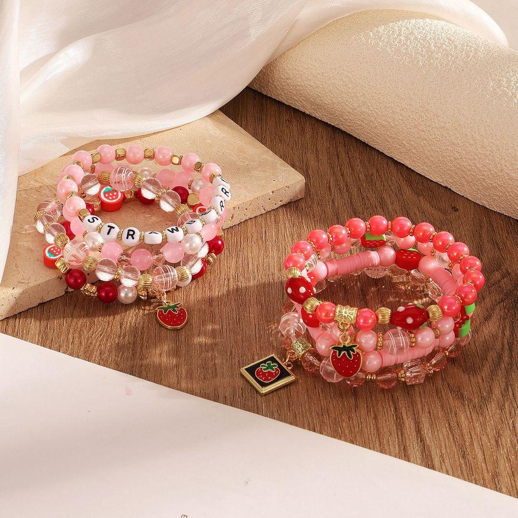 Strawberry Pendant Beaded Bracelet Set With Crystal Glass For Womens Fashion Accessories