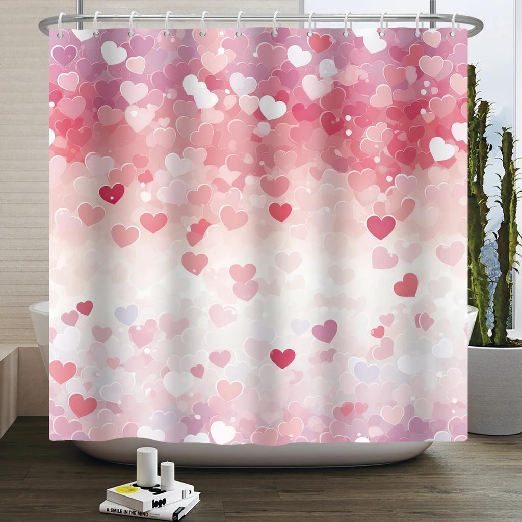 Happy Valentines Day Heart Shower Curtain Red Pink Romantic Falling Love Heart Sweet Lovers Waterproof Bathroom Curtain Decor