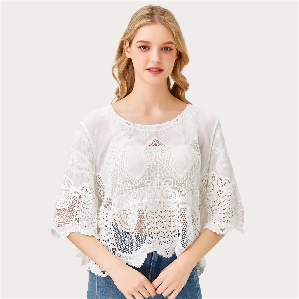 DIMANAF 2025 New Short T-Shirt Women Knitting Lace O-Neck Hollow Summer Style Basic Tops Tees Loose Clothing