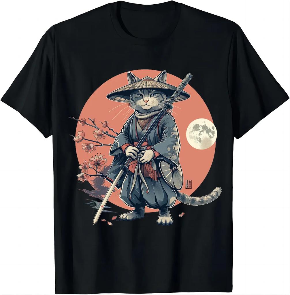 Japanese Samurai Cat Graphic T Shirt for Unisex 100 Cotton Ninja Cat Anime Style Casual Short Sleeve Black Top 2026 New