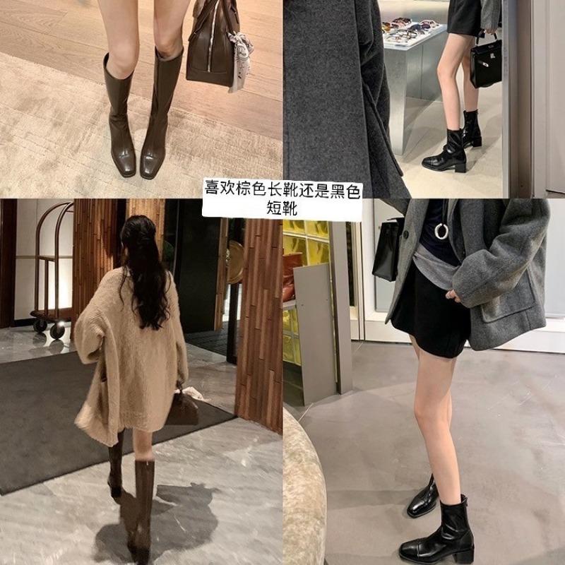Cowhide~ Two versions of square head rear zipper thick heel elastic high boots women's thin short boots