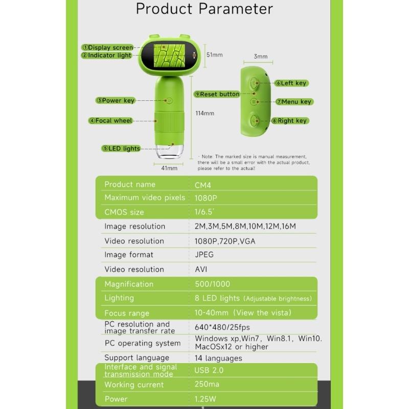 Children Handheld Microscope 1000X Zoom 2MP Sensors Camera Ergonomic Design Lightweight Microscope for Easy Carrying