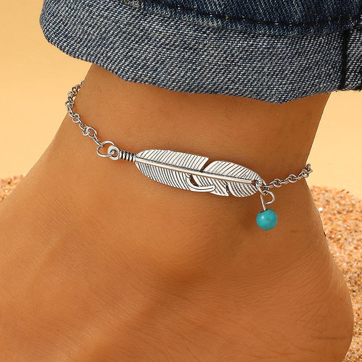 

Ретро этнический стиль индивидуальный дизайн полые перья лодыжки цепь пляж кулон имитация бирюзовый шарик браслет на лодыжку 1 pcs