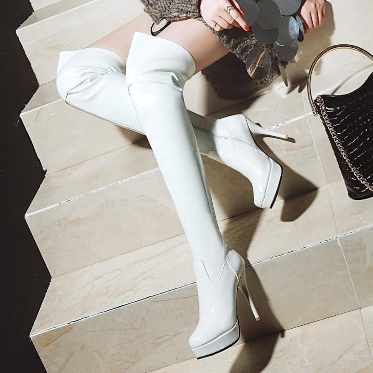 

Women s Boots Sexy High Heels 12cm Patent Leather Side Zipper Platform Over Knee Boots Classics Red White Black Women Shoes 39 білий