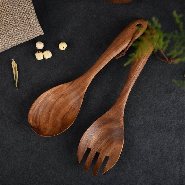 Heatproof Wooden Spoon And Fork Pair Nonslip Grip Utensils Cutlery Collection For Healthy Meal Preparation