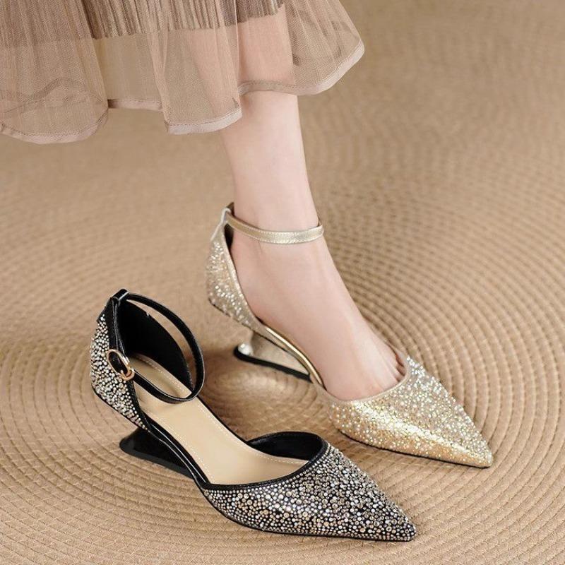Hollow Rhinestone Baotou One Strap High Heels Summer Pointed Toe Shallow Mouth Special Heel Sandals