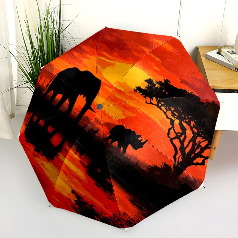 Animals and Sunset Pattern, Automatic Folding Umbrella, Portable and Foldable Design, 8 Ribs, a Christmas or Birthday Gift.